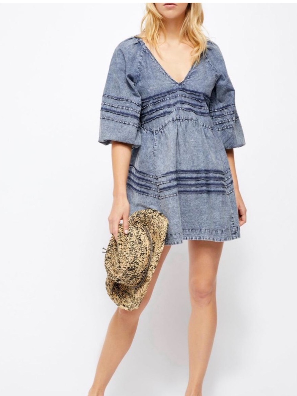 Free People Thea Denim Mini Dress XS Acid Wash Bell Sleeve Lace Up